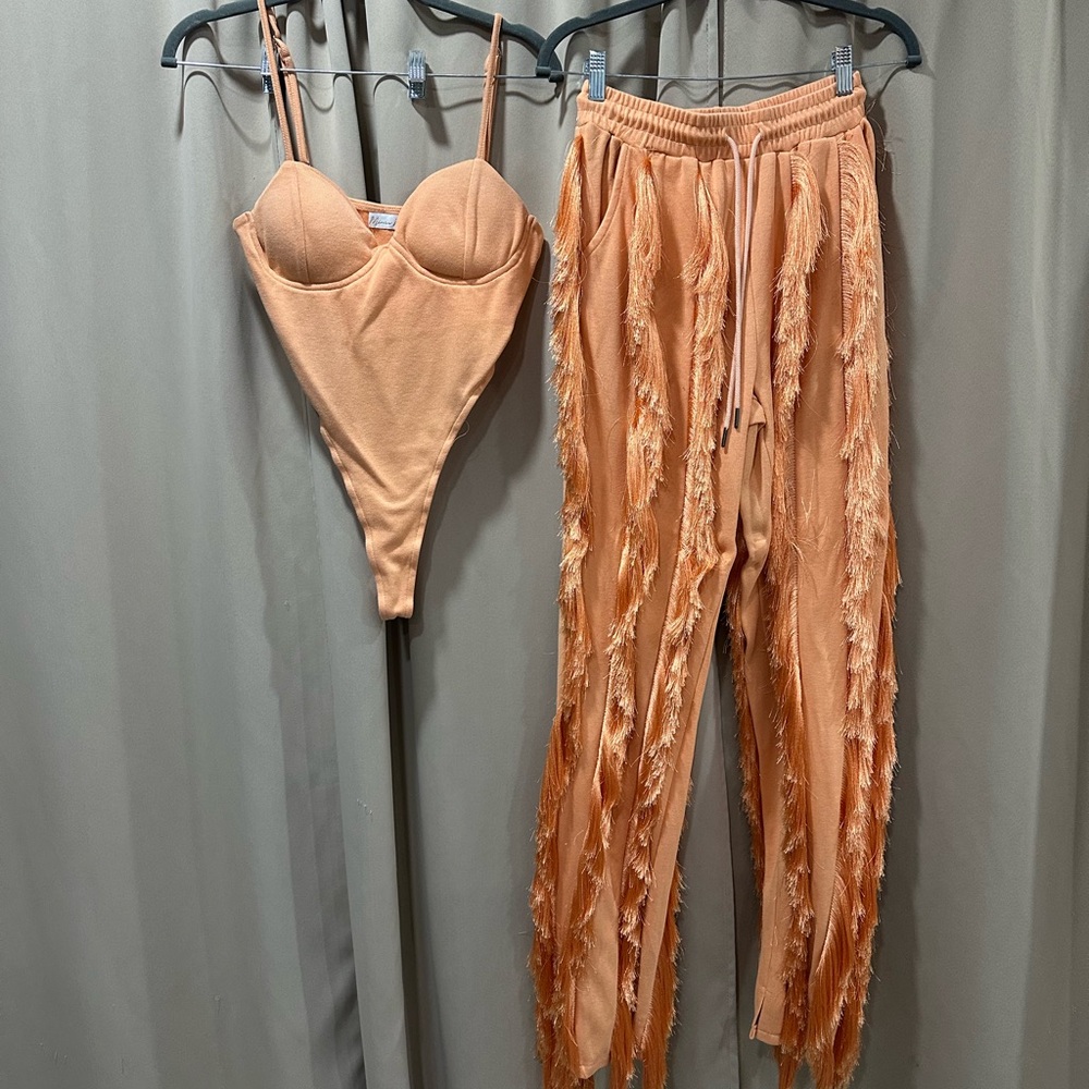 Orange Fringe Bodysuit and Pants Set